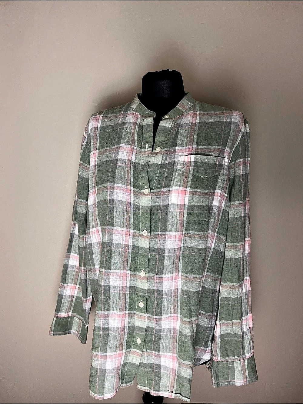 Vintage Chaps Linen Blend Plaid Cotton Shirt in Green & Pink Large